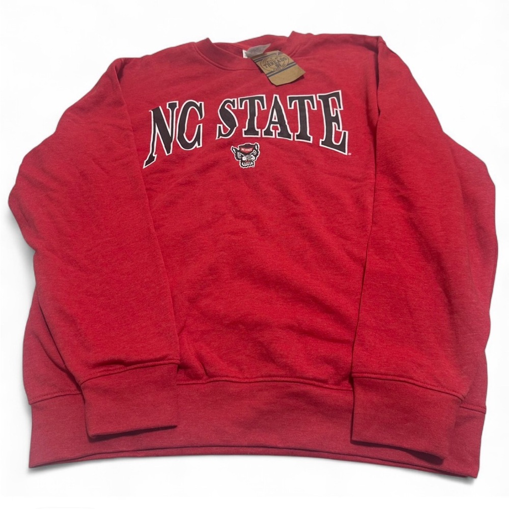 Red NC State crewneck sweatshirt with embroidered logo